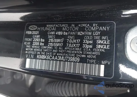 2021 Hyundai Kona Sel Plus z USA, uszkodzony, nr VIN KM8K6CAA3MU739809